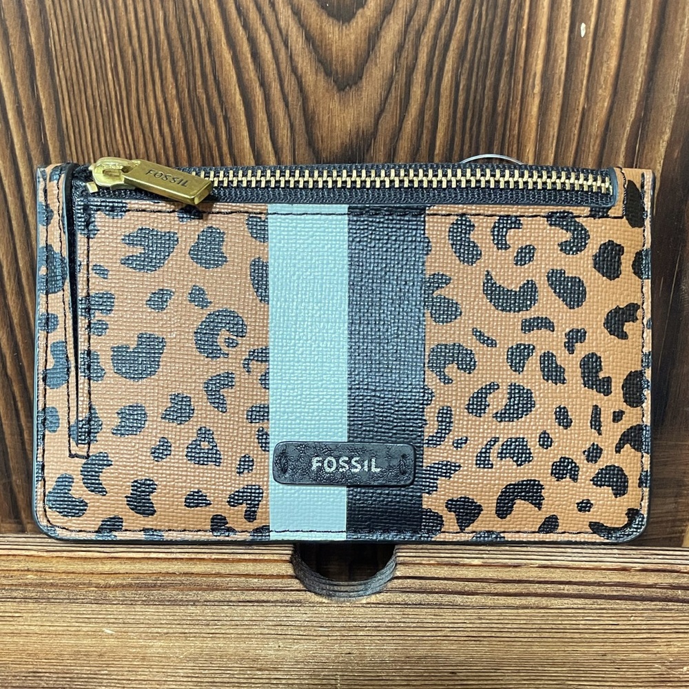 Fossil Logan Leather Cheetah Zip Card Case, NWT, Faux Leather